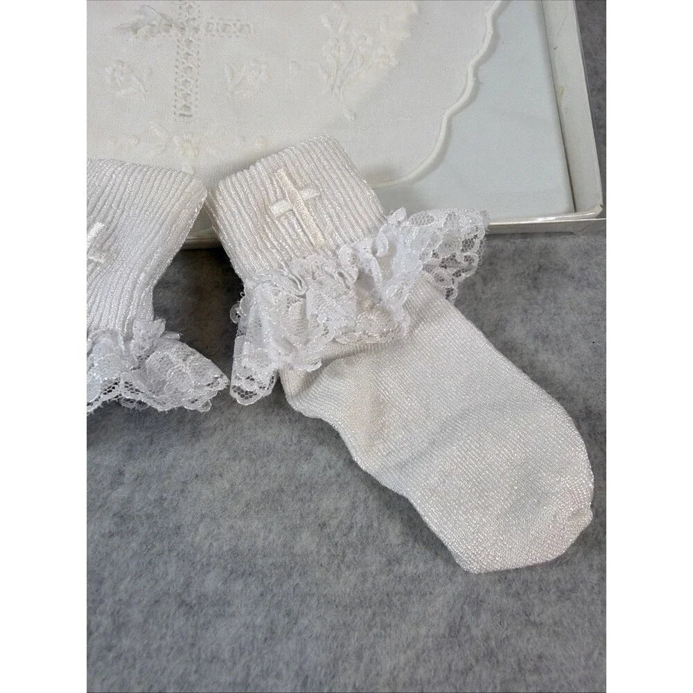 Baby White Christening Baptism Bib & Socks Set Lace Trim Embroidered Cross Gift